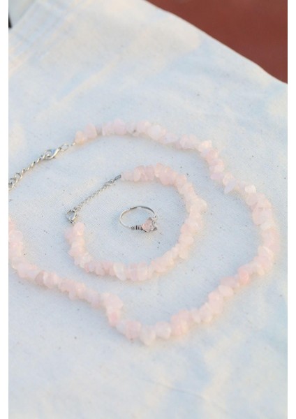 Pembe Kuvars Kırık Doğal Taş Spiritüel Takı Seti