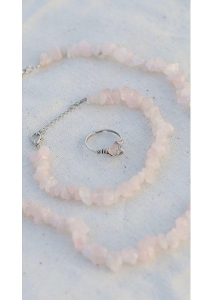 Pembe Kuvars Kırık Doğal Taş Spiritüel Takı Seti modelleri