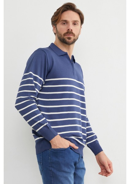 Çizgili Polo Yaka Yarım Fermuarlı Triko Kazak