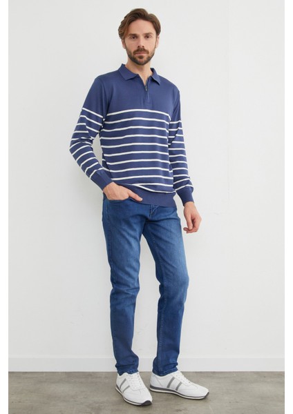 Çizgili Polo Yaka Yarım Fermuarlı Triko Kazak fiyatları