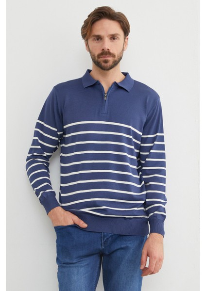 Çizgili Polo Yaka Yarım Fermuarlı Triko Kazak modelleri