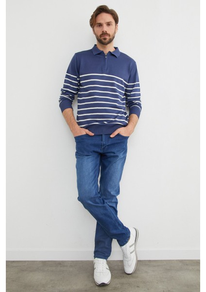 Çizgili Polo Yaka Yarım Fermuarlı Triko Kazak indirimleri