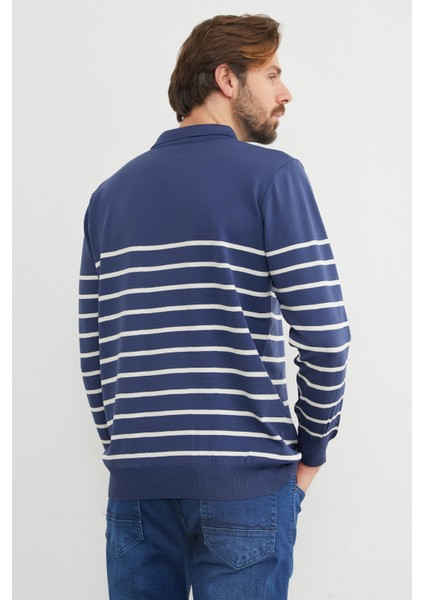 Çizgili Polo Yaka Yarım Fermuarlı Triko Kazak