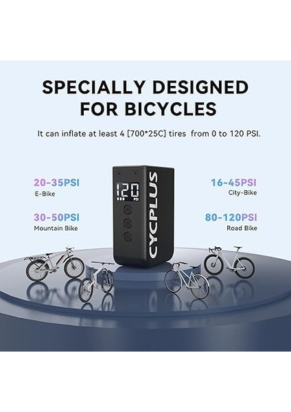 Küçük Bisiklet Hava Pompası, Göstergeli, Max 120 Psı Akülü Şarj Edilebilir Elektrikli Bisiklet Pompası, Otomatik Durdurma, Presta ve Schrader Valfli, E-Bisiklet, Dağ Bisikleti, Şehir Bisikleti modelleri