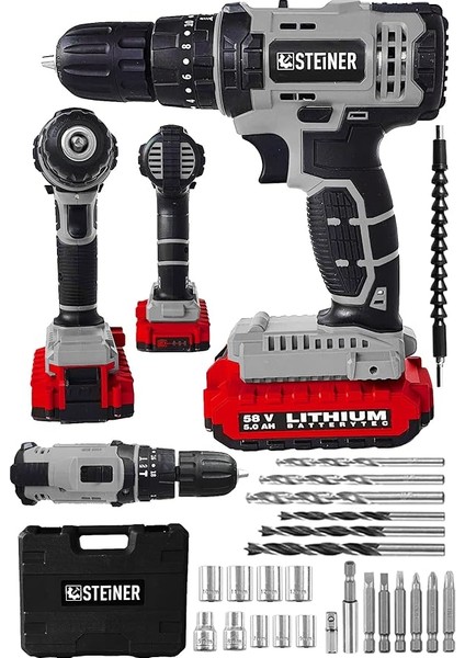 Alman 58 V 5 Ah Darbeli Lityum Çift Akülü Sjs Metal Şanzıman Şarjlı Vidalama Matkap 24 Pcs Set - ST0518R215400346