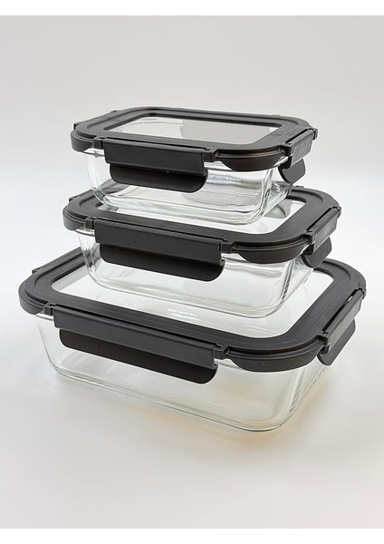 Home 3'lü Contalı Cam Saklama Kabı Seti – 370 Ml, 600 ml ve 1500 ml – Sızdırmaz Kilitli Kapak – Mikrodalga Fırın ve Bulaşık Makinesi Uyumlu – Gıda Saklama Kabı – Sağlıklı Bpa Içermez (Siyah)