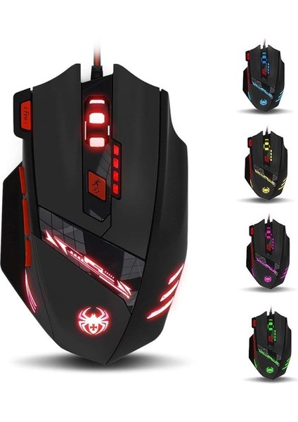 T90 Oyun Faresi 9200 Dpı, 8 Programlanabilir Düğme Çok Modlu LED Işıklar USB Oyun Faresi, Dizüstü Bilgisayar, Masaüstü, Pc Için Ağırlık Ayarı, Siyah