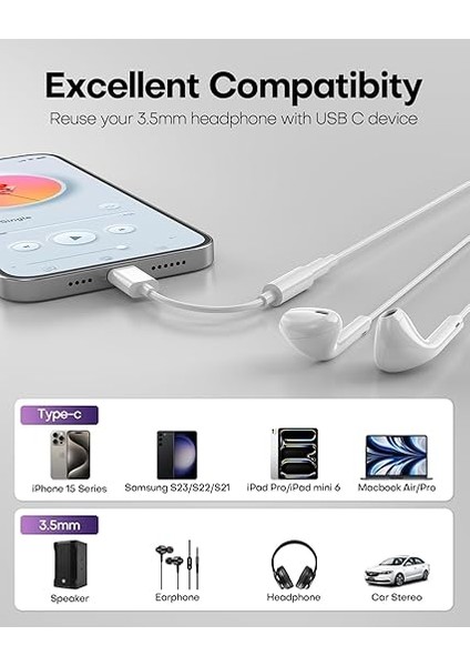 iPhone 16 Pro Max/ 15 Pro/ 15 Için USB C - 3,5 mm Kulaklık Jakı Adaptörü, USB C - Aux Ses Dongle Kablo Kablosu iPad Pro/galaxy S24 S23 Ultra/pixel 9 ile Uyumlu - Beyaz indirimleri