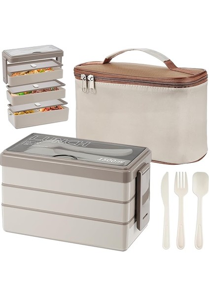 1500 ml Bento Box Çantalı – 3 Katlı Yemek Kutusu, Çatal Bıçak Setli, 4'ü 1 Arada Yemek Hazırlama Kabı, Yalıtımlı Çantalı, Öğrenciler, Yetişkinler, Ofis, Mikrodalga Fırın, Bulaşık Makinesi