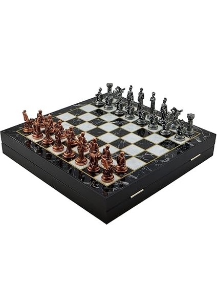 Orta Boy Metal Truva-Sparta Satranç Takımı Antik ve Mermer Desenli Sandıklı Mdf Tahtası (36X36X6 Cm.) modelleri