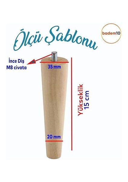 Ahşap Mobilya Koltuk Kanepe Sehpa Masa Ayağı Ayakları M8 Civatalı 15 cm + Bağlantı Aparatlı 8'li Set fiyatları