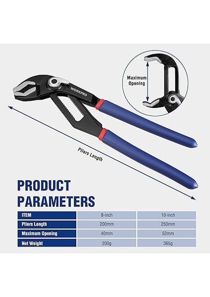 Su Pompası Pensesi Seti, Boru Anahtarı, Ayarlanabilir Mafsallı, Su Pompası Pensesi Seti 200 mm ve 250 Mm, Hızlı Gerici, Kavisli Çene, 2 Parçalı modelleri
