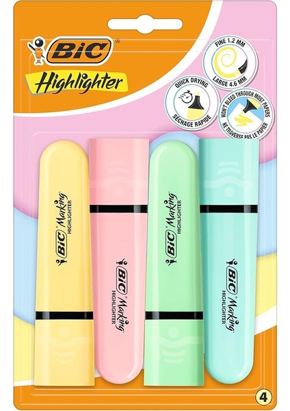 Marking Flat Higlighter Pastel Fosforlu Kalem 4'lü Blister, 4 Pastel Renk (Sarı, Mavi, Pembe, Yeşil), Su Bazlı, Hızlı Kuruyan Mürekkep