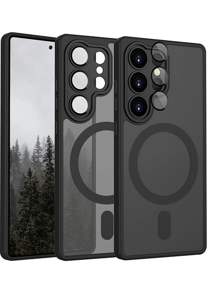 Samsung Için Kılıf Kamera Korumalı Mag-Safe Wireless Şarj Özellikli Mat Şeffaf Renkli Kılıf (Siyah, Samsung Galaxy S23 Ultra)