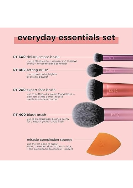 Technıques Everyday Essentials Makyaj Fırçası, Yüz Için Komple Set (Yüz Süngeri, Yüz, Ruj, Ayarlama ve Delüks Göz Farı Fırçası) fırsatları