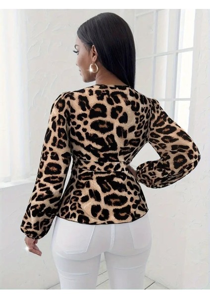 Kadın Uzun Kollu Kruvaze Yakalı Belden Kuşaklı Leopar Desenli Süprem Bluz fiyatları
