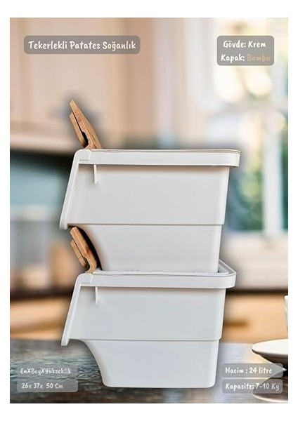 Tekerlekli Patates Soğan Sebze Saklama Sepeti, 24 Litre, Bambu Renk fırsatları