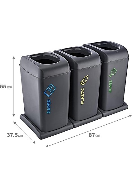 3'li Set Soft Tekerlekli Plastik-Kağıt-Cam Geri Dönüşüm Kutusu 40 Lt modelleri