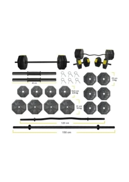 Spor 80 kg Düz Bar (150 Cm) + Z Bar (120 Cm) Full Dambıl Halter Ağırlık Set Sarı Kapaklı