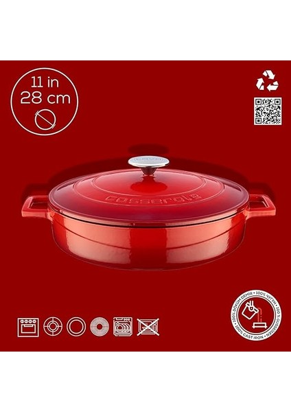 Metal Döküm Çok Amaçlı Yayvan Tencere, Trendy, 28 Cm, 3.51 L Hacim, Kırmızı fırsatları