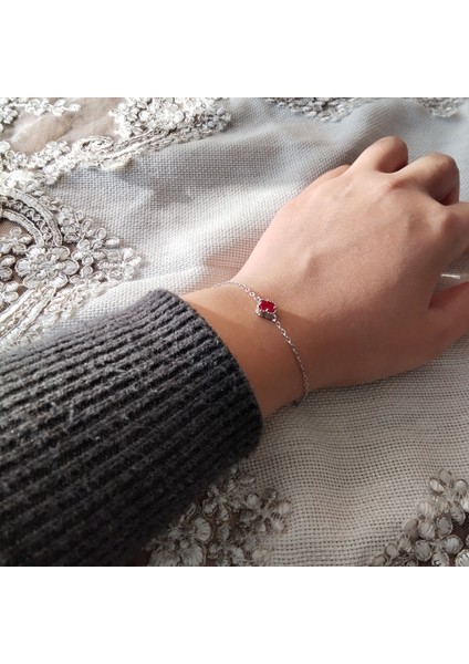 925 Ayar Kırmızı Renk Tekli Yonca Model Kadın Bileklik-Şık Tasarım indirimleri