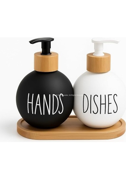 Bulaşık Deterjanlık ve Sabunluk Seti Bambu Tepsili Şık Ikili Set Siyah Beyaz Modern Tasarım Kompozit Malzemeli Mutfak Tezgah Üstü Organizer (Bombeli)