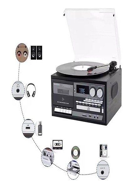 Hepsi Bir Arada Elektrikli Vintage Plak Çalar CD Çalar Kaset USB Bluetooth Tf Aux Kumandalı Pikap, Siyah fiyatları