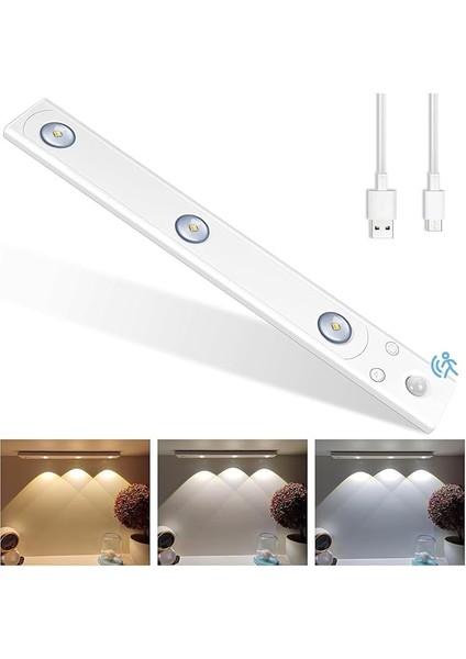 3 Led'li Şarjlı Dolap Altı Aydınlatma, Hareket Sensörlü, 3 Modlu, Yapışkanlı, Delme Gerektirmez, Slim Beyaz Kasa, Dekoratif, Kısılabilir Gece Lambası, Gardırop, Dolap, Merdiven Lambası 40 cm indirimleri