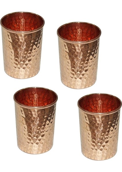 Saf Bakır Dövülmüş Bardak Iyileştirme Ayurveda Ürünü Sofra Aksesuarları, 4'lü Set, Yükseklik 9,5 cm