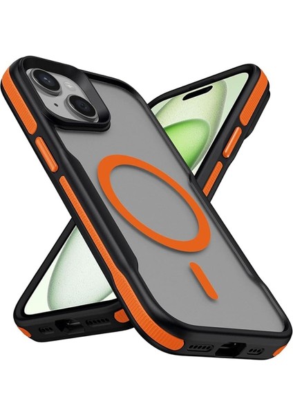 iPhone 13 ile Uyumlu Zore Lamer Kapak Magsafe Destekli Turuncu Kenarlı Mat Buz Şeffaf Kılıf – Airbag Köşe Koruma, Kamera Korumalı
