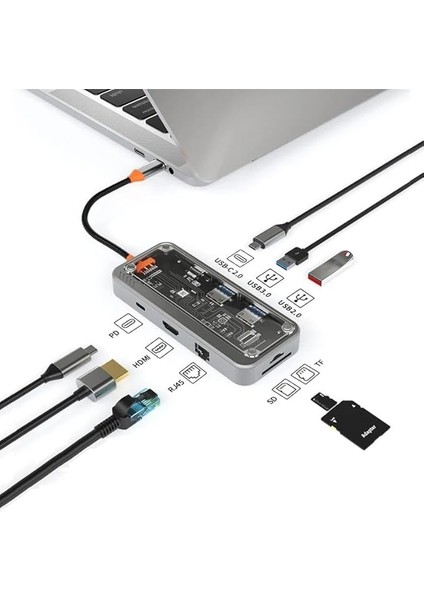 MT55 Mac ile Uyumlu Thunderbolt 3 Type-C USB Adaptör Hub 8in1 4K HDMI RJ45 100MBPS Sd Kart Okuyucu 100W Pd Telefon Hızlı Şarj Aleti