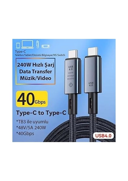 40GBPS 240W 4.0 Thunderbolt Type-C To Type-C Şarj, Data ve 8k 60Hz Görüntü Aktarım Kablosu Tip C 1 Metre ZR852 modelleri