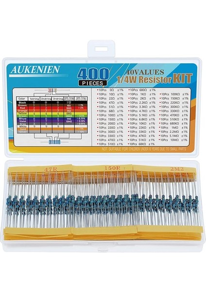 1/4W Direnç Çeşitleri Kiti 40 Değerler 400 Adet 1/4WATT Metal Film Sabit Dirençler Çeşitlilik Paketi 0 Ohm Ila 10M Ohm 0.25 Watt Rohs ±% 1 Tolerans ile Uyumlu