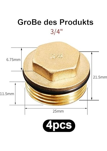 Adet Pirinç Tıpa, 3/4 Inç Dış Dişli Kilit Tapası, Boru Uç Kapağı Lastik Halkalı Kör Tapa, Isıtıcı, Radyatör, Dağıtıcı, Su Boruları ve Içme Suyu Sistemi Için Uygun fiyatları