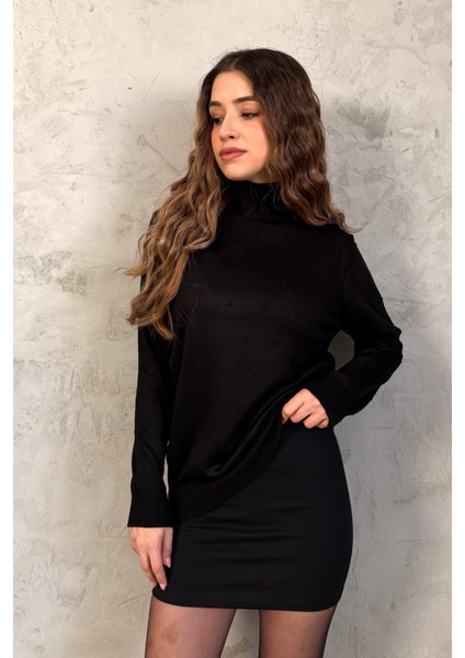 Kadın Ponpon Desenli Yarım Balıkçı Triko Kazak 5200