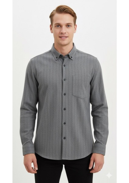 Erkek Klasik Çizgili Flamel Gömlek