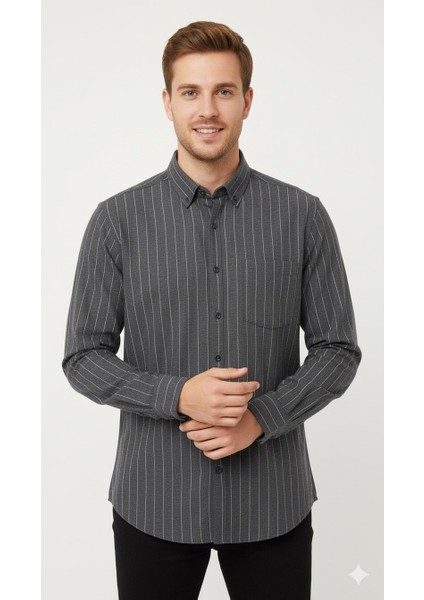 Erkek Klasik Çizgili Flamel Gömlek