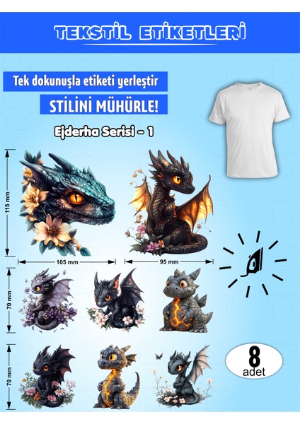 Ütü ile Yapışan Kıyafet Etiketi Ejderha Serisi-1 8li Set
