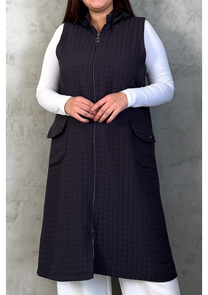 Kadın Kapitone Fermuarlı Uzun Yelek 7545