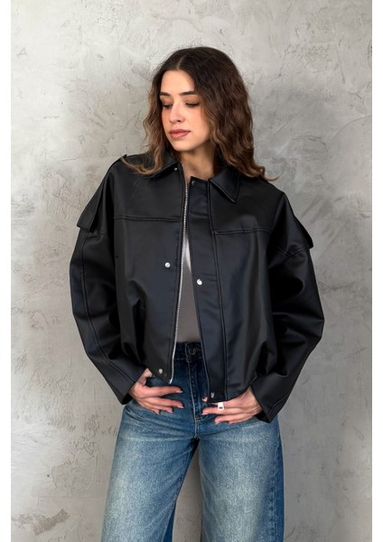 Kadın Oversıze Altı Lastikli Deri Mont 1055