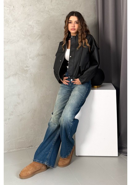 Kadın Oversıze Altı Lastikli Deri Mont 1055 indirimleri