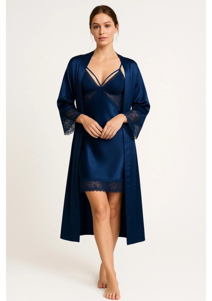 Lacivert Saten Dantel Detaylı Gecelik & Sabahlık Takımı - Şık Kadın Çeyizlik Pijama Seti