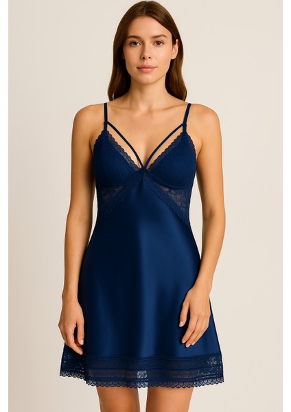 Lacivert Saten Dantel Detaylı Gecelik & Sabahlık Takımı - Şık Kadın Çeyizlik Pijama Seti modelleri