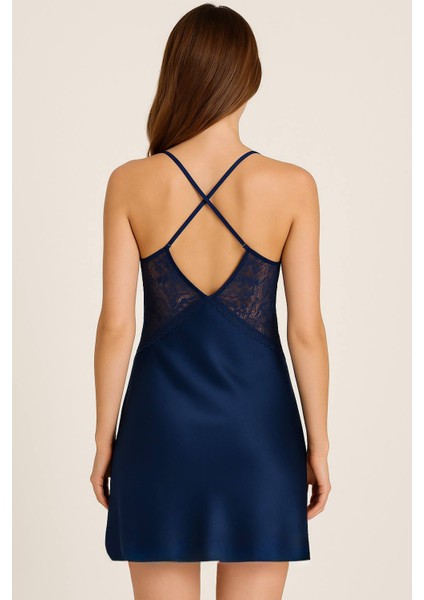 Lacivert Saten Dantel Detaylı Gecelik & Sabahlık Takımı - Şık Kadın Çeyizlik Pijama Seti fırsatları