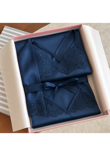 Lacivert Saten Dantel Detaylı Gecelik & Sabahlık Takımı - Şık Kadın Çeyizlik Pijama Seti indirimleri