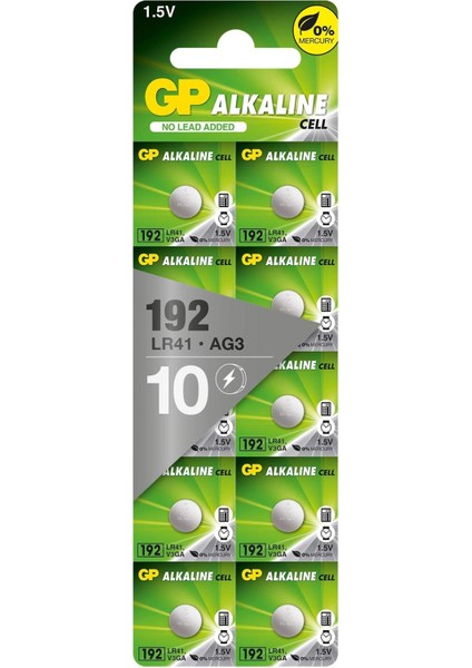 Alkalin Düğme Pil LR41 | Ag3, 192, GP192A, LR736 Etiketli Piller ile Uyumlu | 10 Adet Düğme Pil 1,5 V