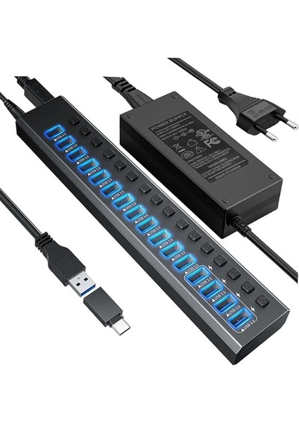 Profesyonel USB Hub 16 Portlu USB 3.0 Type-C 5gbps Hızlı Şarj Bireysel Açma Kapama Anahtarları 12V Dc 7.5A Güç Adaptörü Telefon Şarj Dizüstü Bilgisayar Mobil HDD Flash Sürücü PORT16