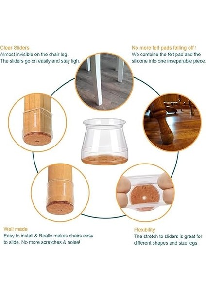Sandalye Ayağı Zemin Koruyucuları 24'lü Paket Şeffaf Silikon Kapak, Keçe Pedi Altı, Sertağaç Için, Çoğu Mobilyaya Uyar fiyatları