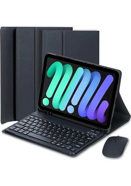 iPad Mini (A17 Pro) 7. Nesil 2024 / iPad Mini 6. Nesil 8.3 Inç, Manyetik Çıkarılabilir Bluetooth Almanca Qwertz Klavye, Kalem Tutuculu ve Fareli, Siyah