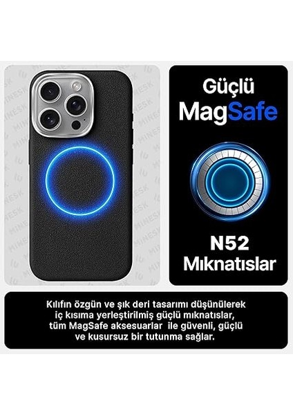 iPhone 16 Pro Için Magsafe ile Uyumlu Çizilmeyen ve Parmak Izi Tutmayan Deri Görünümlü Metal Tuşlu ve Metal Lens Çerçeveli Hybrid Silikon Kılıf (Siyah, 16 Pro) modelleri